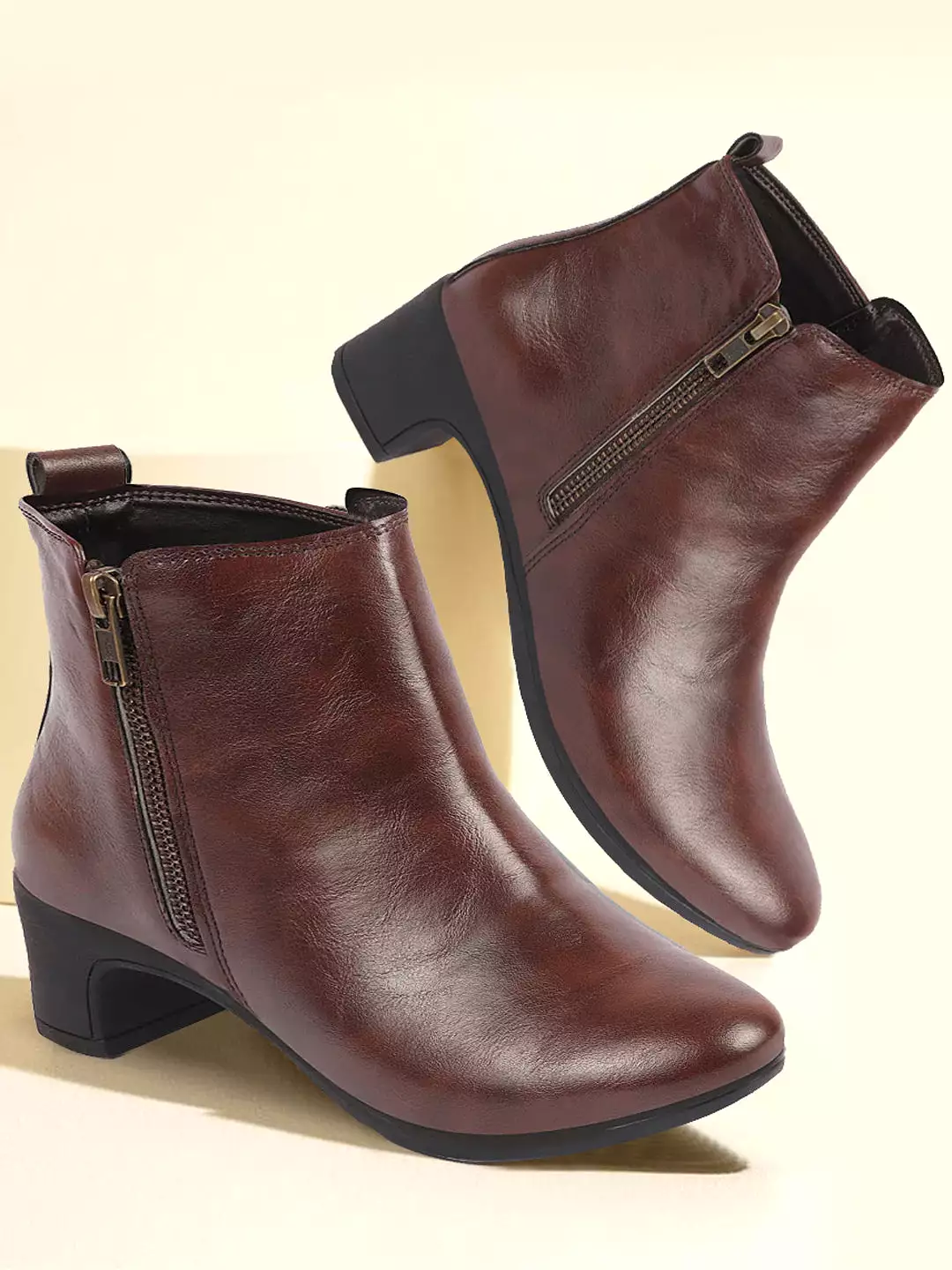 Brown Mid Top Flared Heel Side Zipper Winter Boots