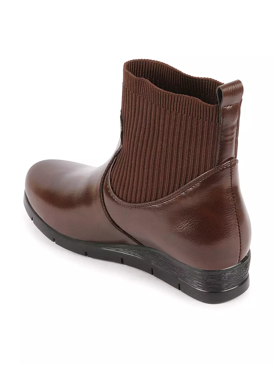 Brown Mid Top Socks Collar Slip On Wedge Heel Work Boots for Women with Broad Feet