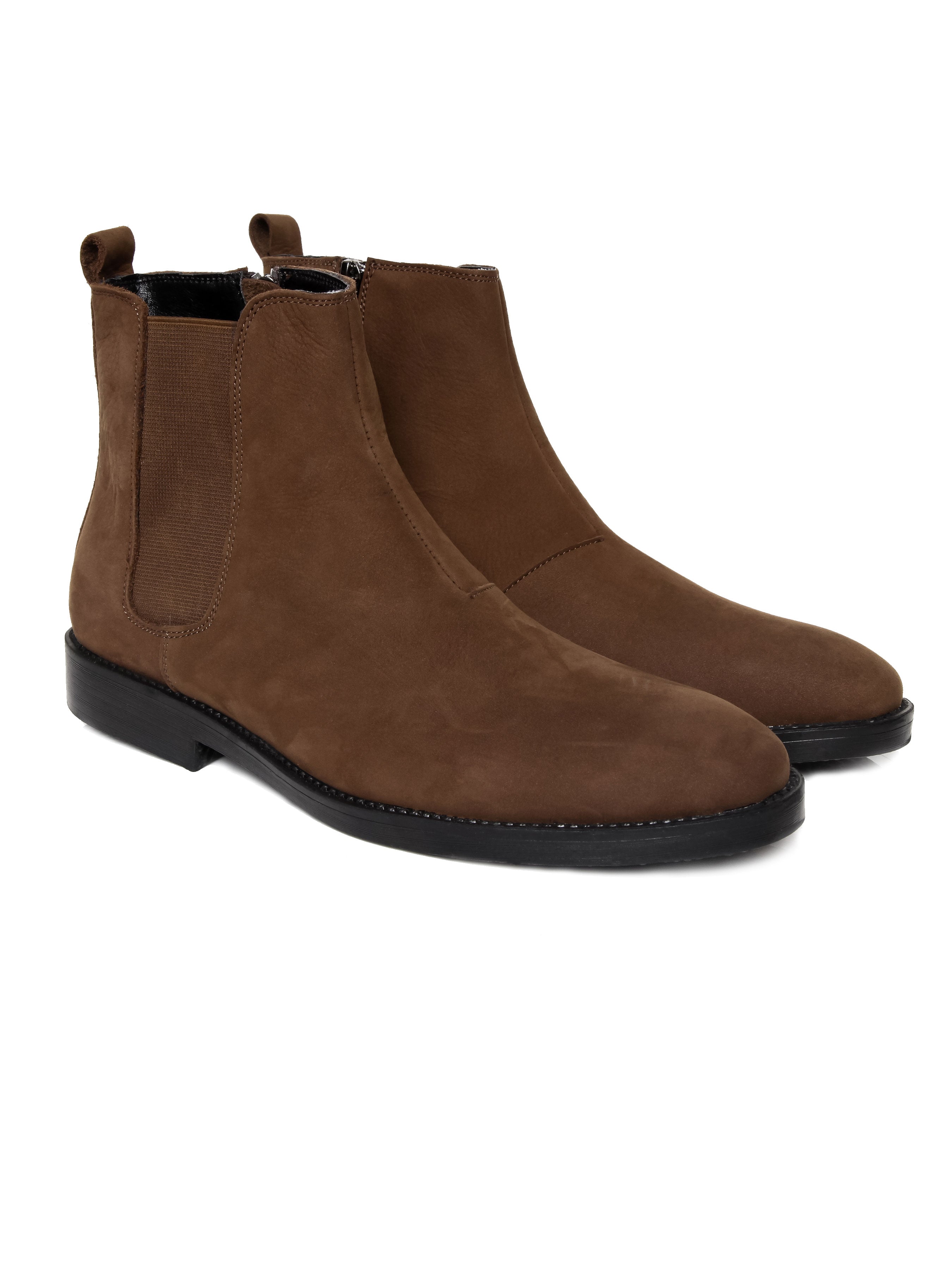 Brown Nubuck Leather Chelsea Boots with Zipper and Crepe Sole