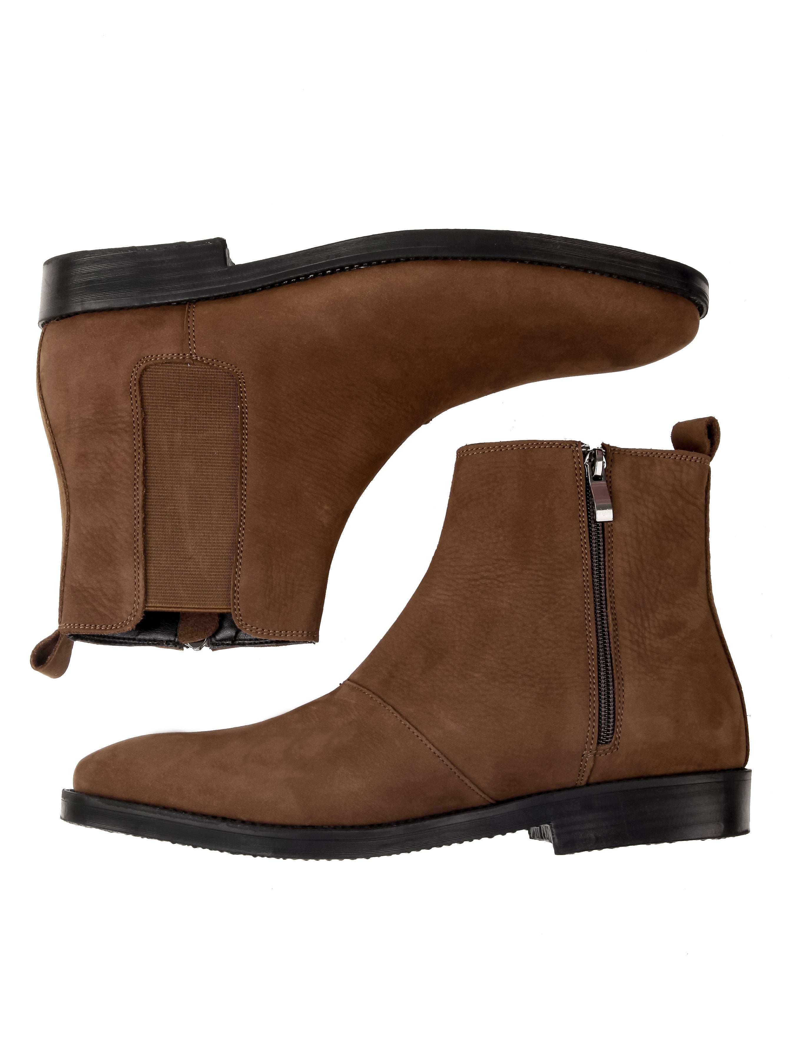 Brown Nubuck Leather Chelsea Boots with Zipper and Crepe Sole