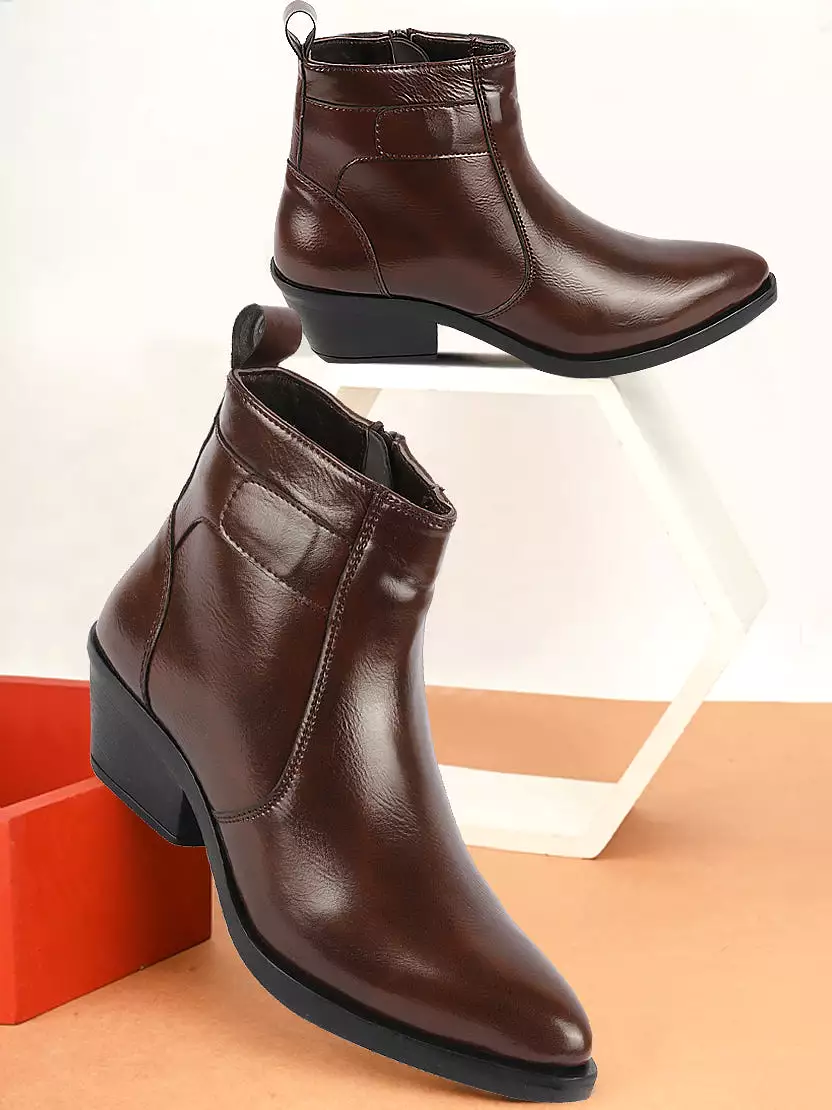 Brown Pointed Toe Chelsea Boots for Women with Side Zipper and Flared Heel - Mid Top