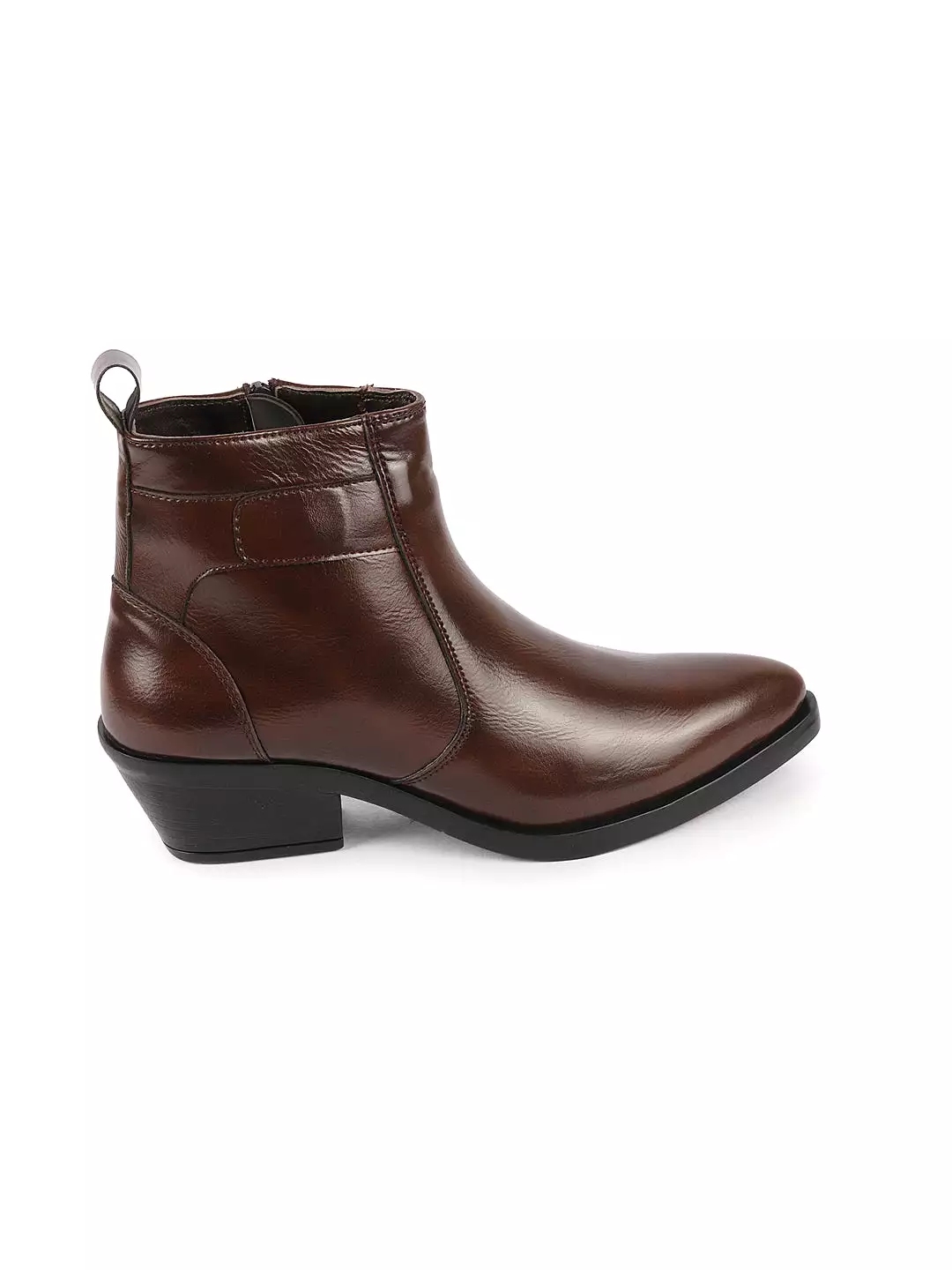 Brown Pointed Toe Chelsea Boots for Women with Side Zipper and Flared Heel - Mid Top