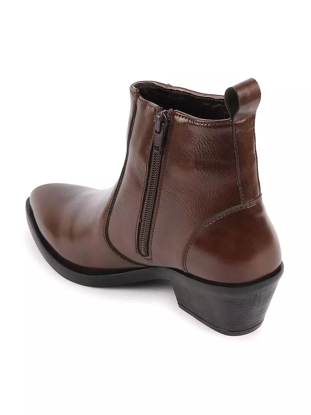 Brown Pointed Toe Chelsea Boots for Women with Side Zipper and Flared Heel - Mid Top