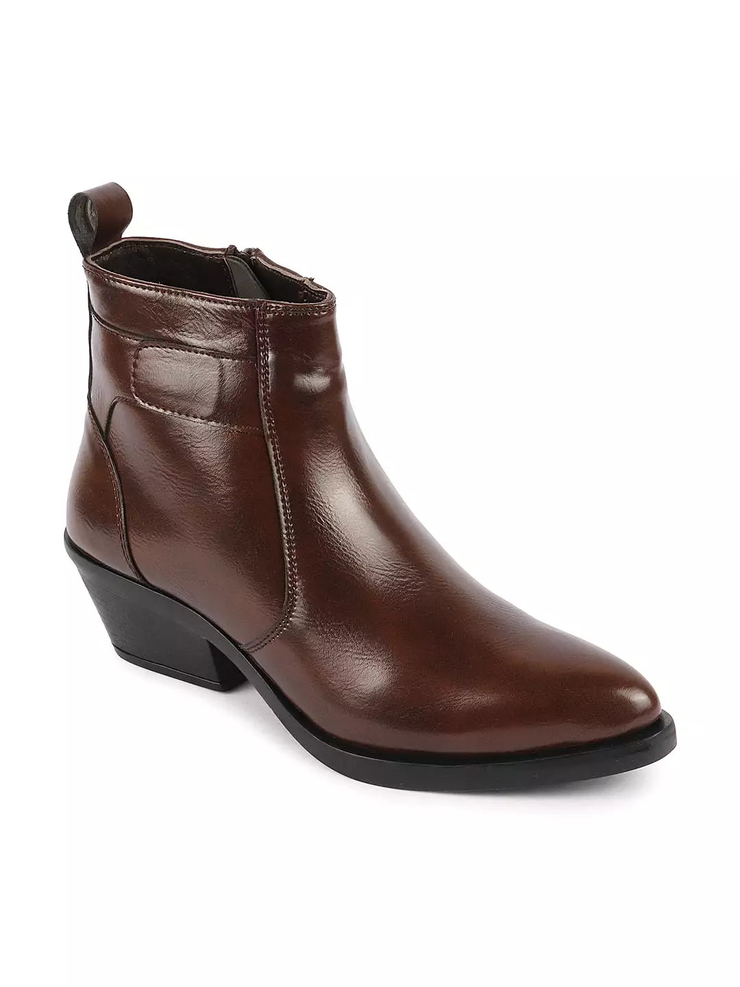 Brown Pointed Toe Chelsea Boots for Women with Side Zipper and Flared Heel - Mid Top