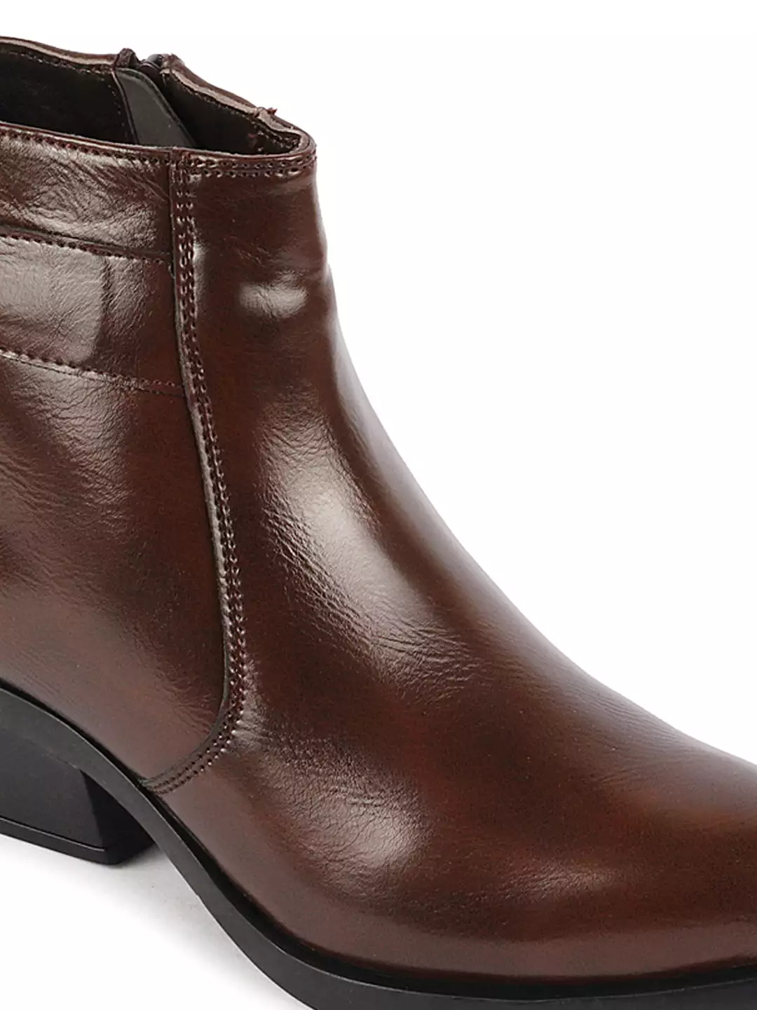 Brown Pointed Toe Chelsea Boots for Women with Side Zipper and Flared Heel - Mid Top