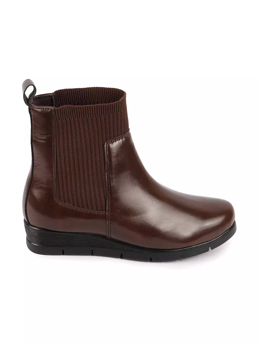 Brown women's slip-on wedge heel Chelsea boots with mid top socks collar, designed for broad feet.