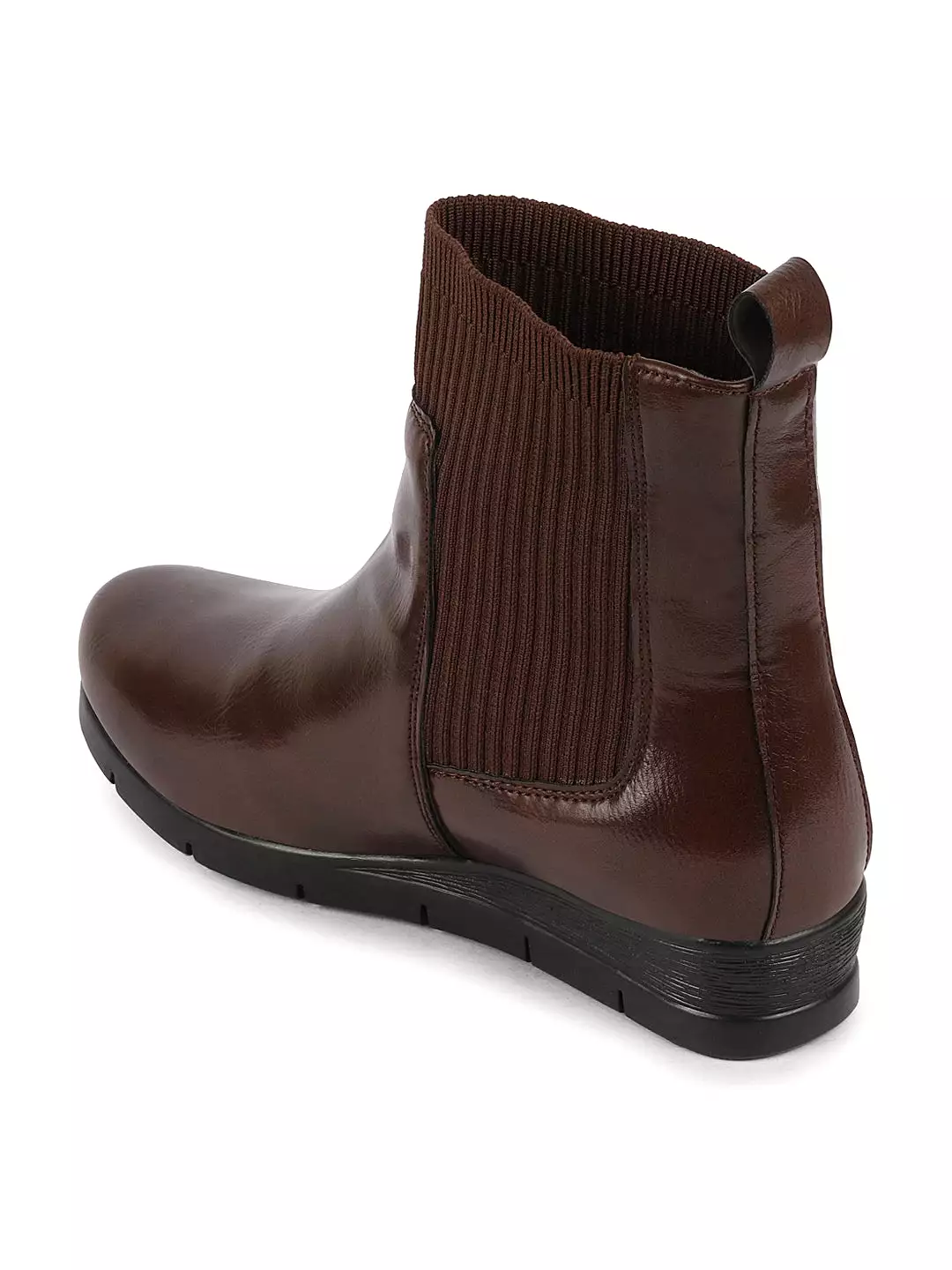 Brown women's slip-on wedge heel Chelsea boots with mid top socks collar, designed for broad feet.