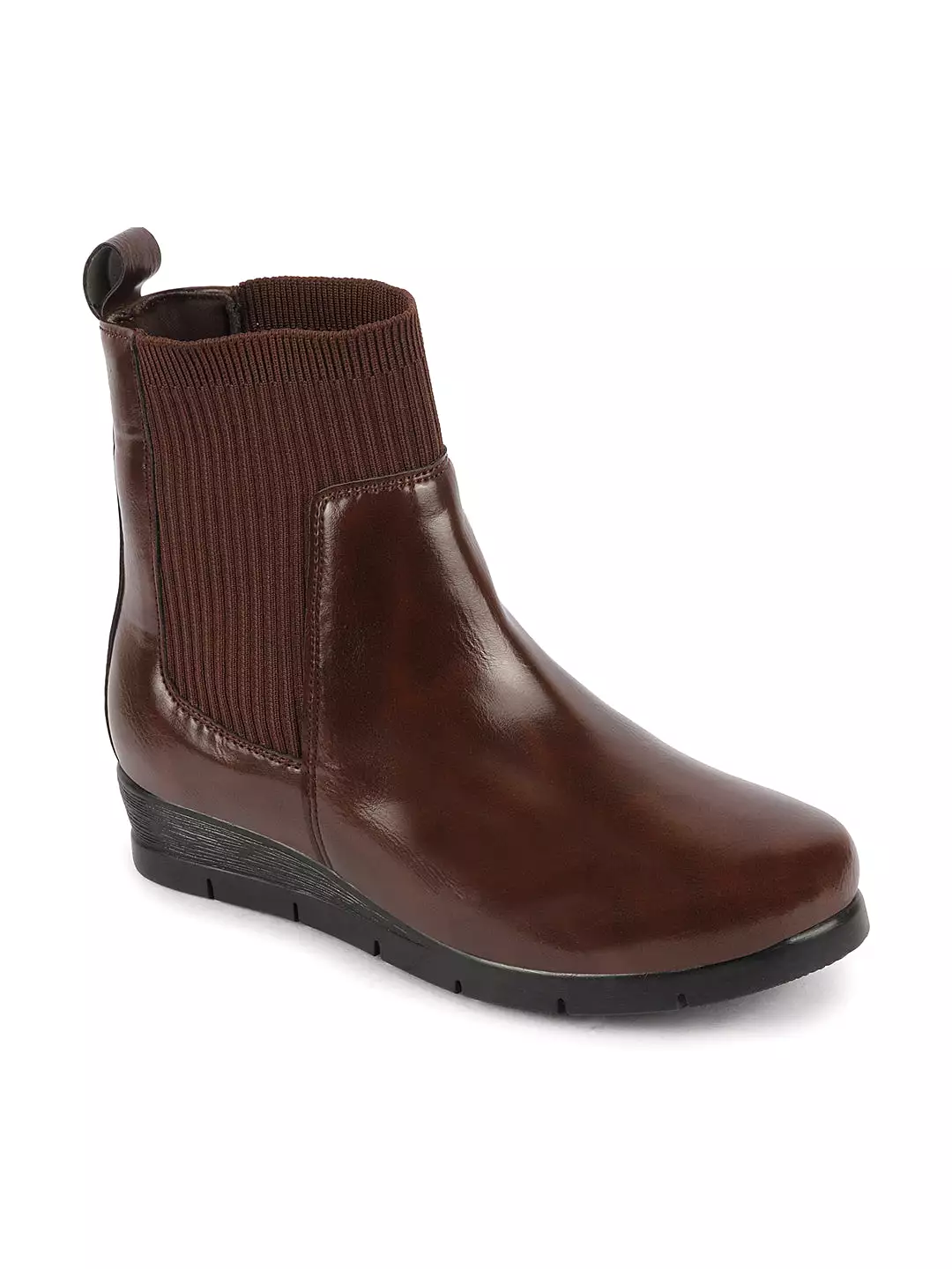 Brown women's slip-on wedge heel Chelsea boots with mid top socks collar, designed for broad feet.