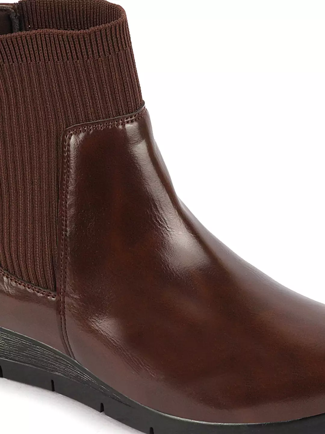 Brown women's slip-on wedge heel Chelsea boots with mid top socks collar, designed for broad feet.