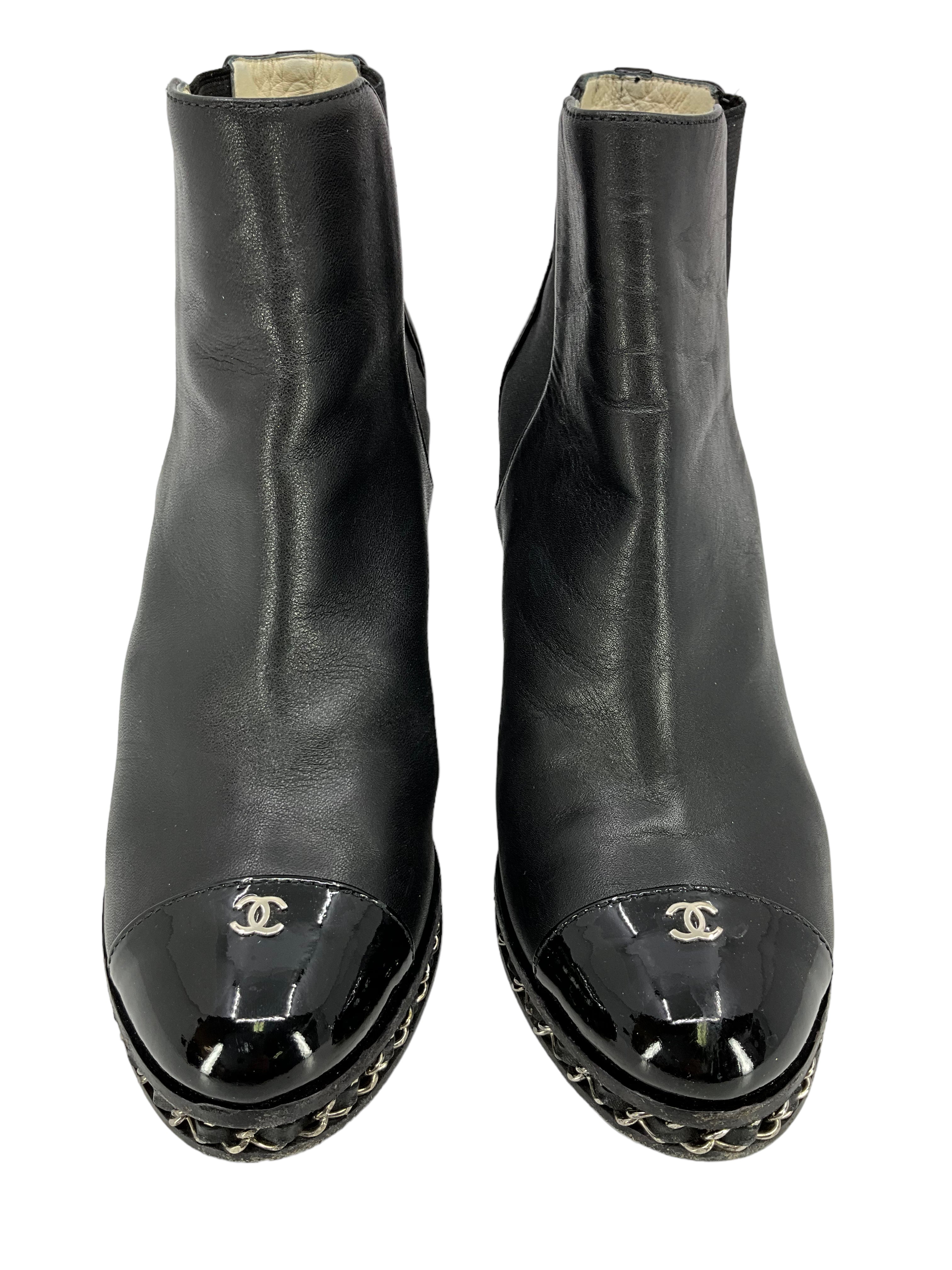 CHANEL Leather Chain CC Cap Toe Booties - Size 6.5