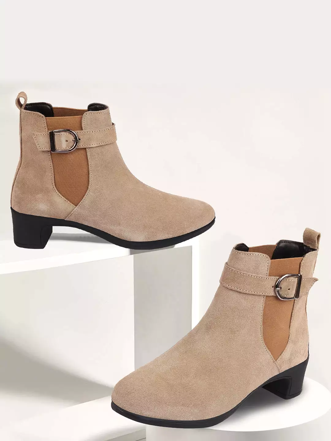 Cheeku Flared Heel Ankle Boots - Women's Winter Suede Leather Buckle Strap Chelsea Boots