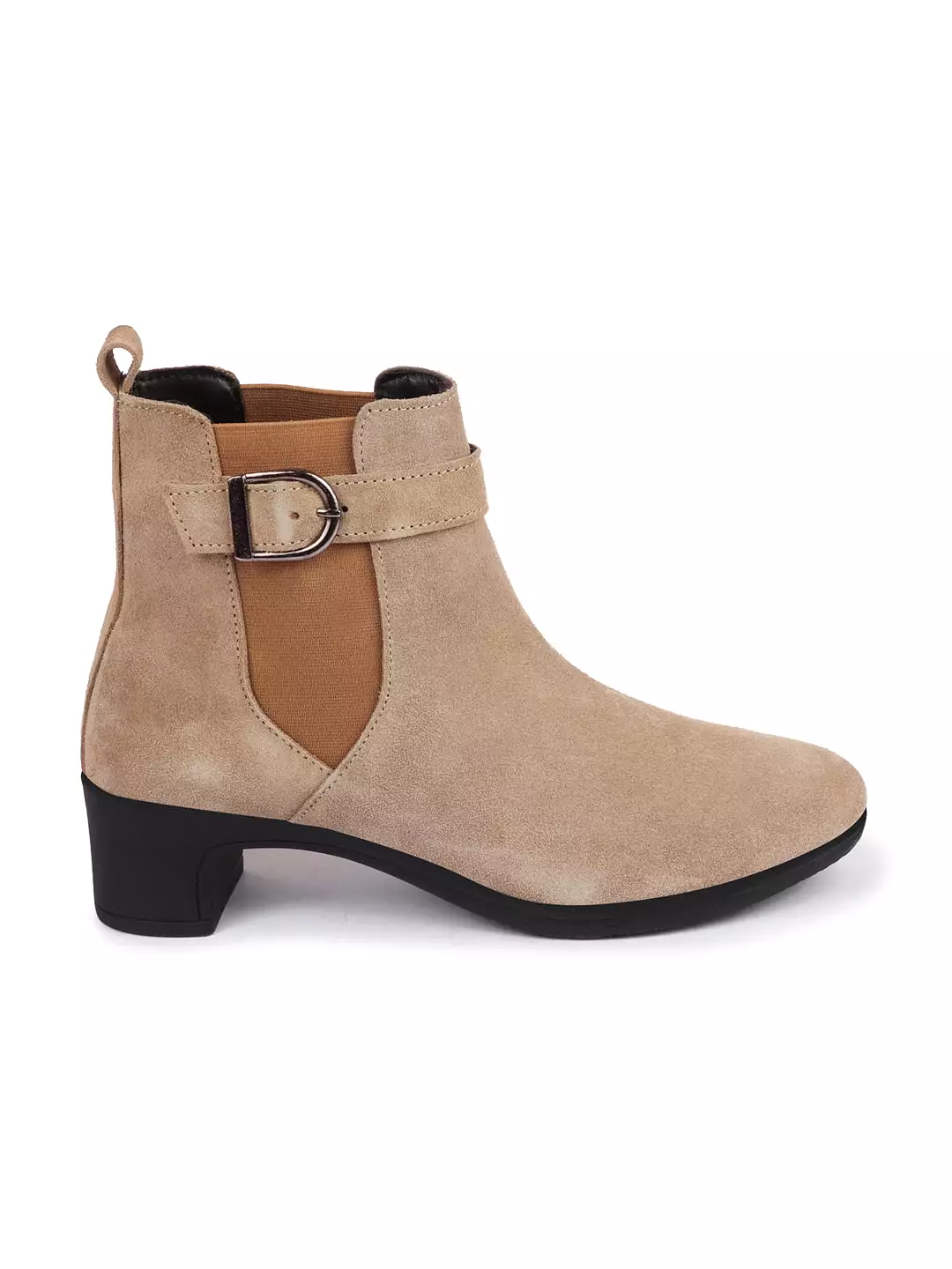 Cheeku Flared Heel Ankle Boots - Women's Winter Suede Leather Buckle Strap Chelsea Boots