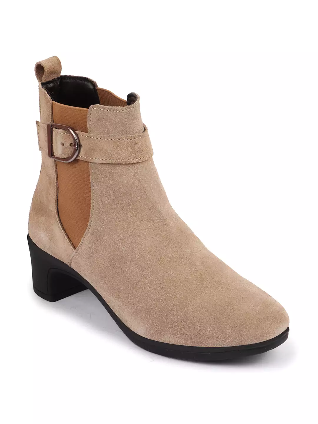 Cheeku Flared Heel Ankle Boots - Women's Winter Suede Leather Buckle Strap Chelsea Boots