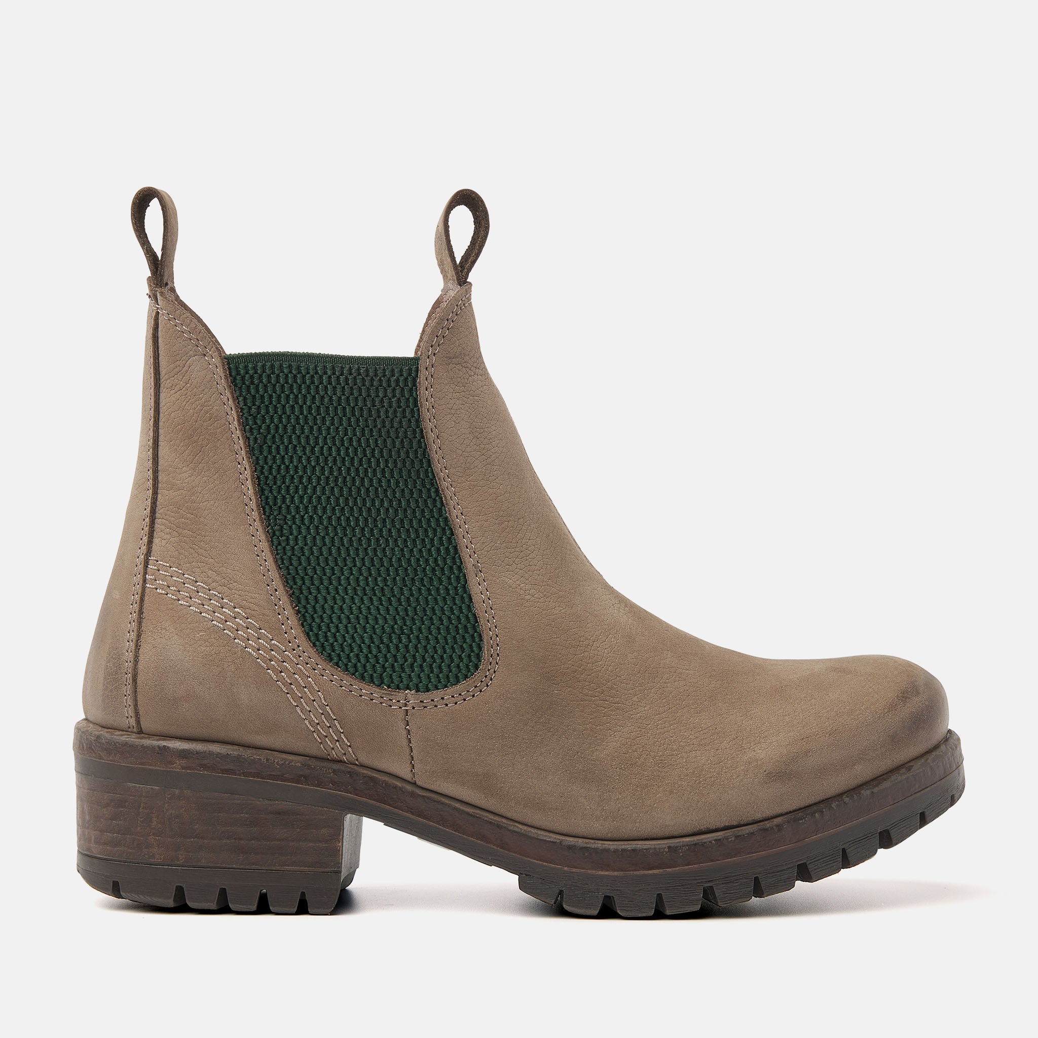 Chelsea boots in taupe-green for women.