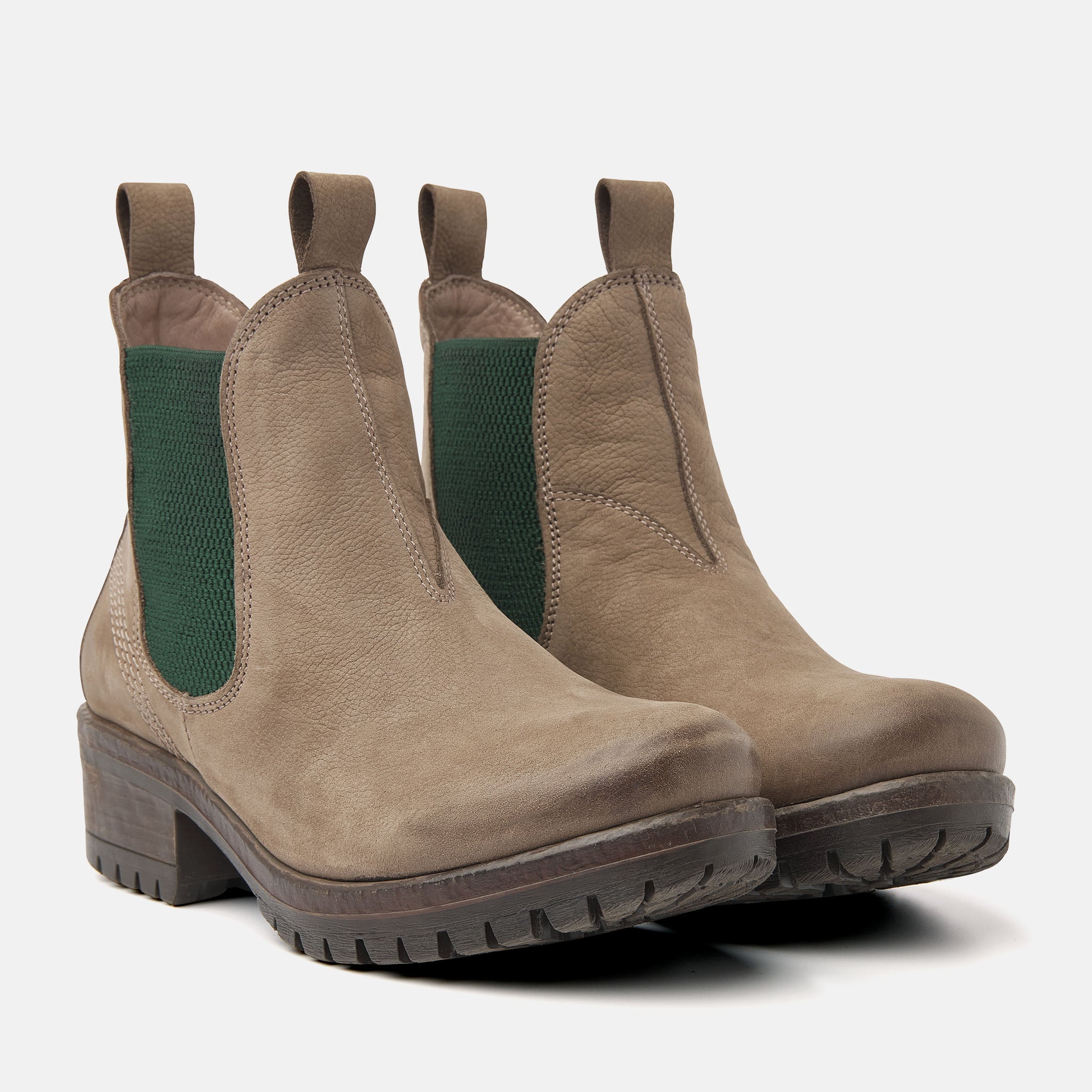 Chelsea boots in taupe-green for women.