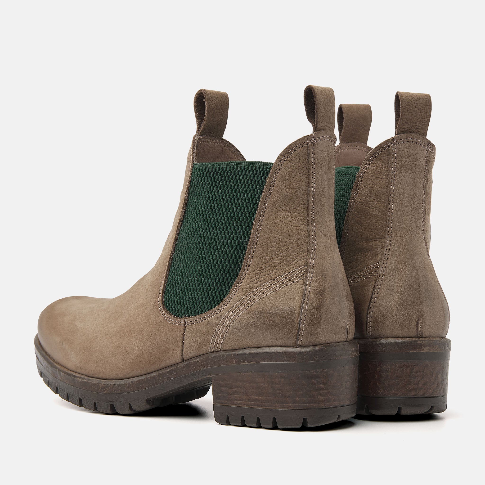 Chelsea boots in taupe-green for women.