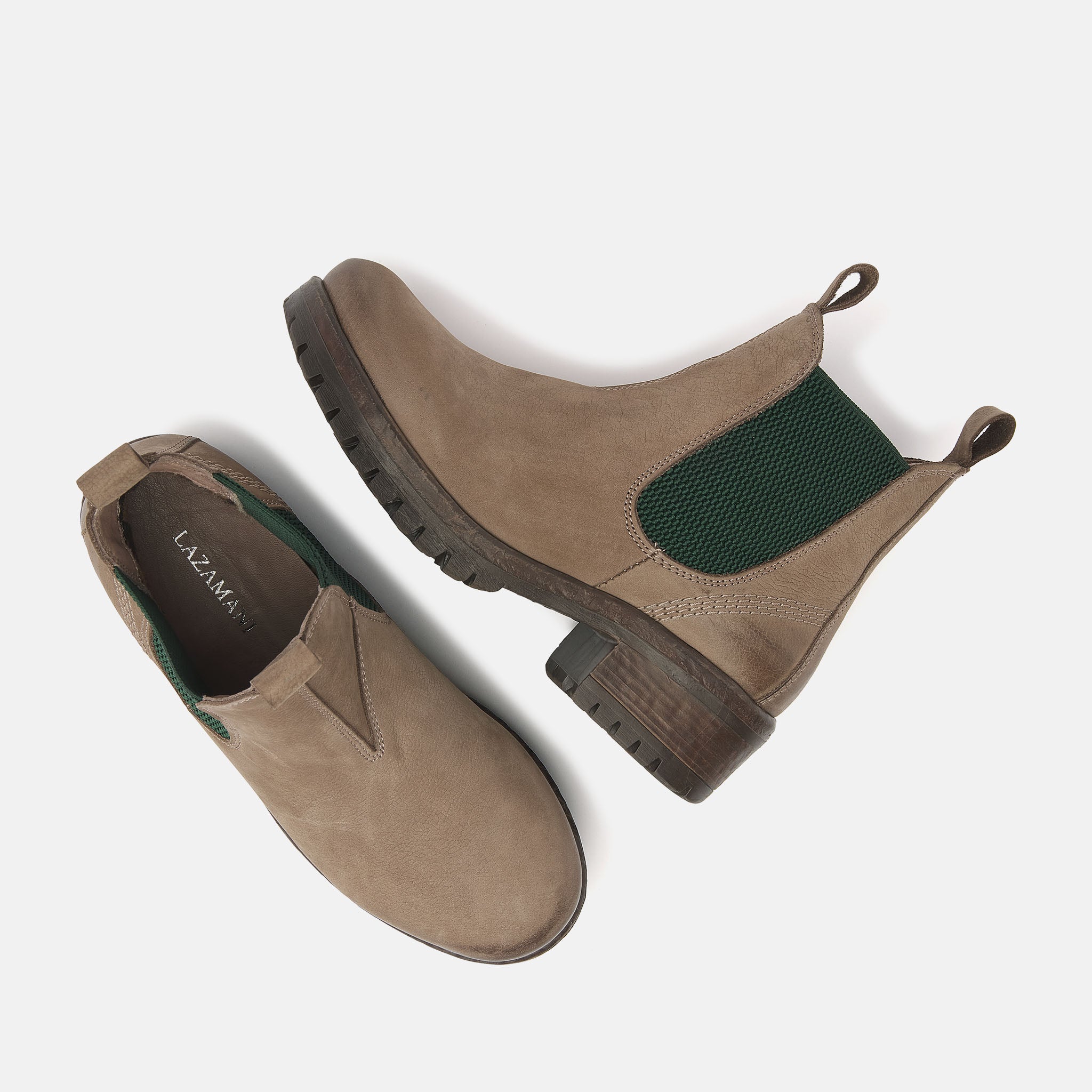 Chelsea boots in taupe-green for women.