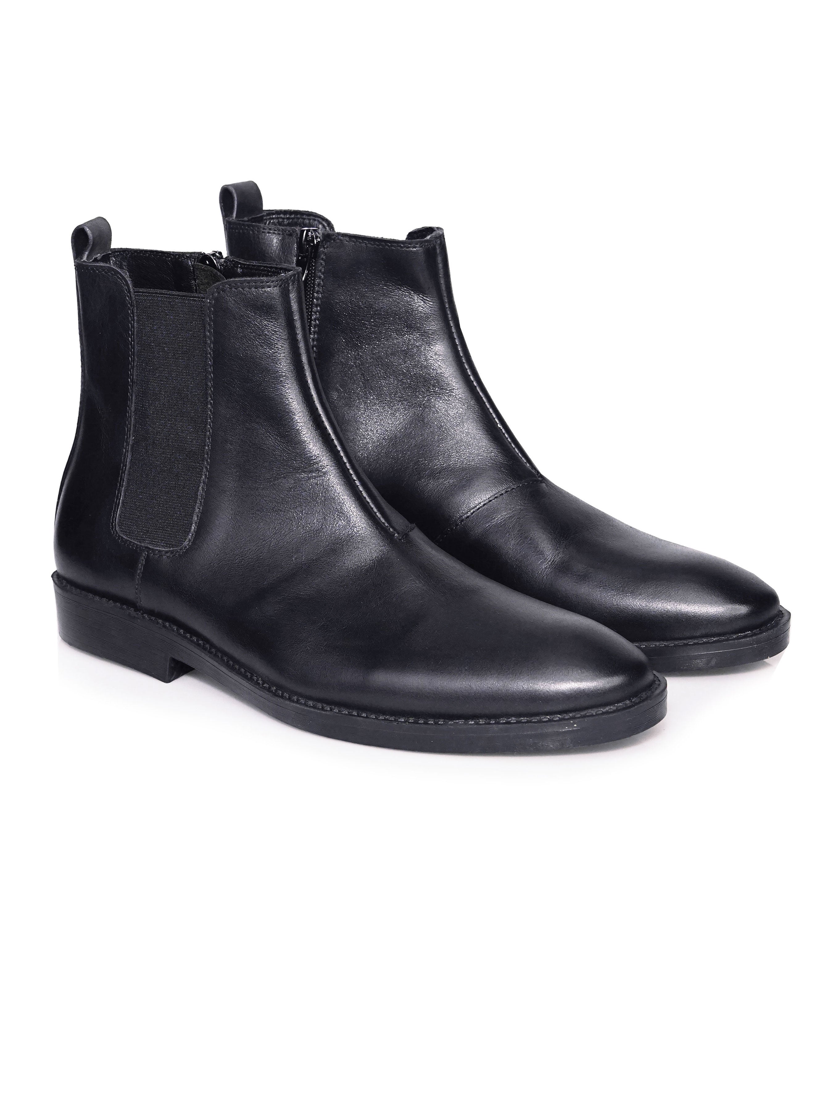 Chelsea Boots with Zipper - Black Leather (Crepe Sole)