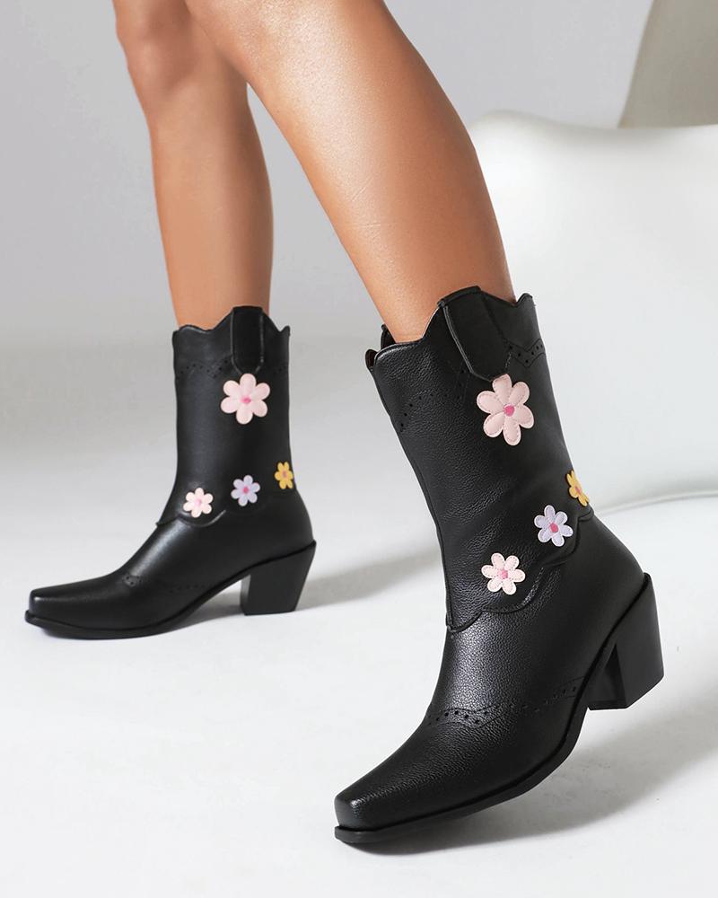 Colorful Flower Block Heel Ankle Boots