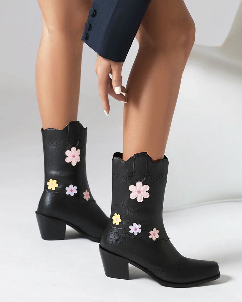 Colorful Flower Block Heel Ankle Boots