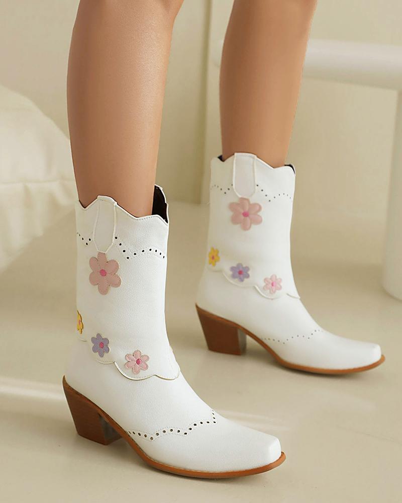 Colorful Flower Block Heel Ankle Boots