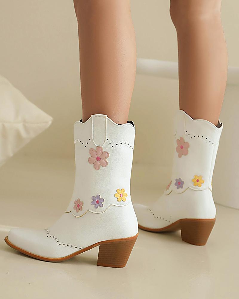 Colorful Flower Block Heel Ankle Boots