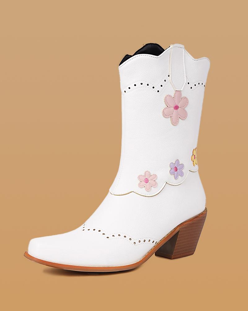 Colorful Flower Block Heel Ankle Boots