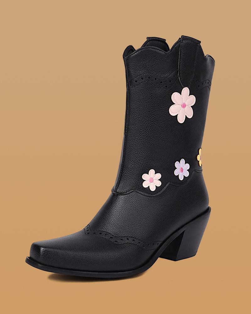 Colorful Flower Block Heel Ankle Boots