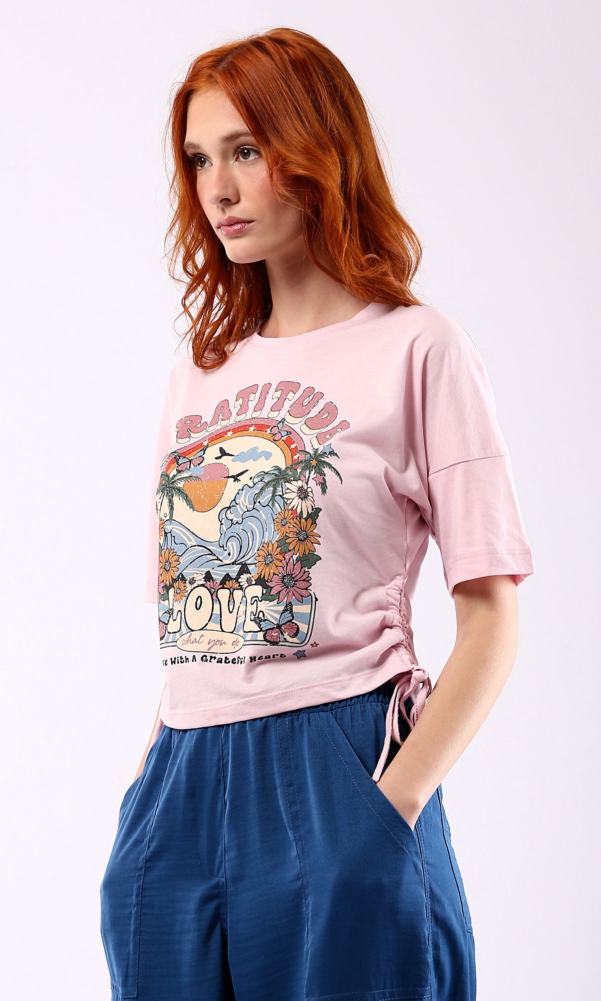 Colorful Print Rose T-shirt With Drawstring