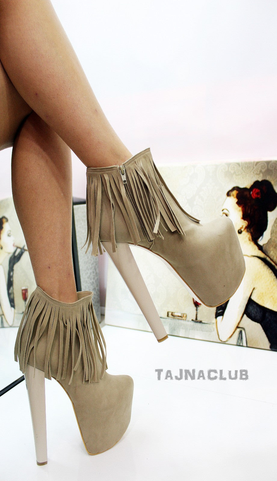 Cream Fringe Ankle Boots | Platform High Heel Shoes