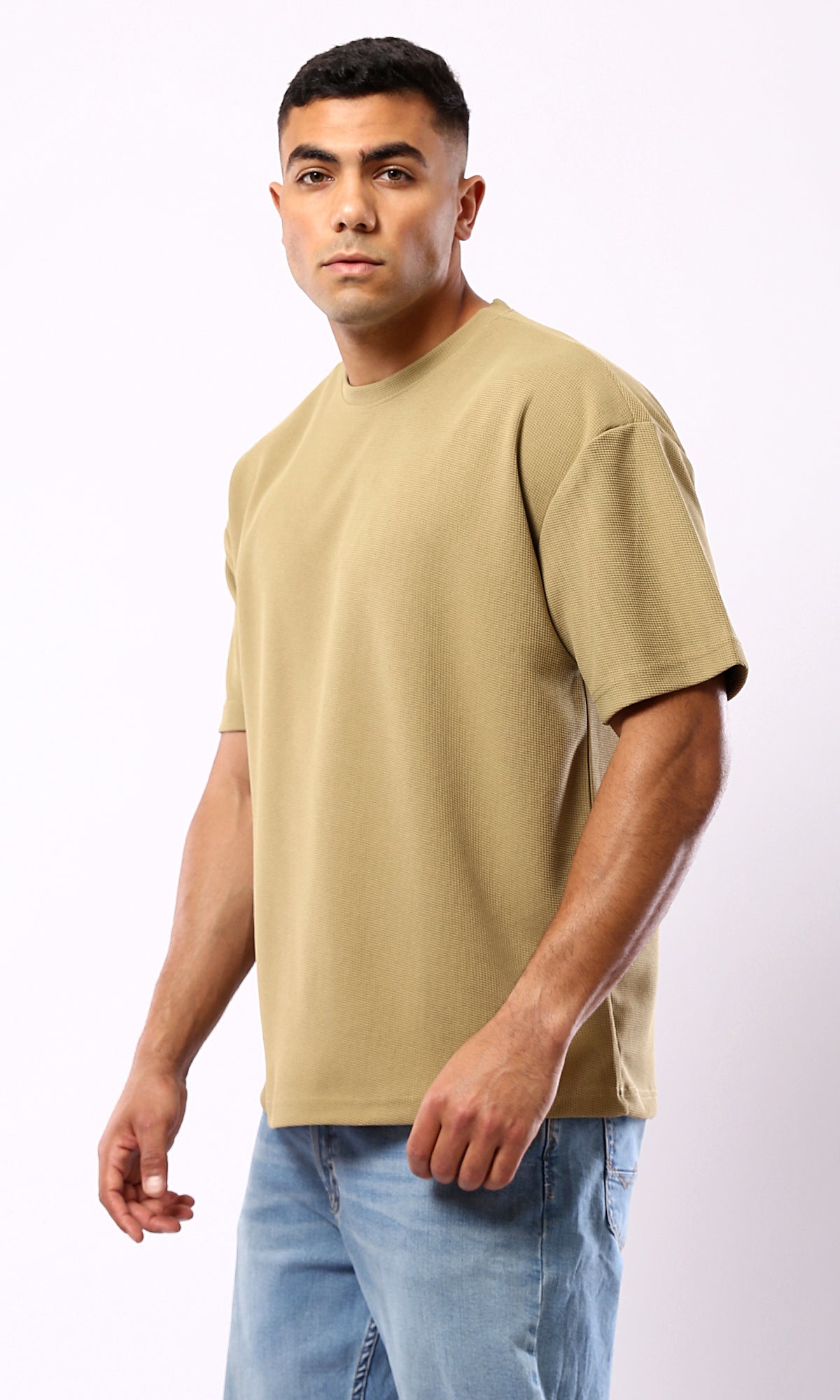 Dark Beige Relaxed Fit Polyester Tee with Self Pattern – O182740