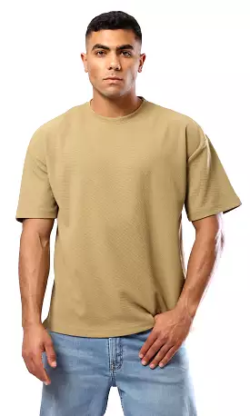 Dark Beige Relaxed Fit Polyester Tee with Self Pattern – O182740