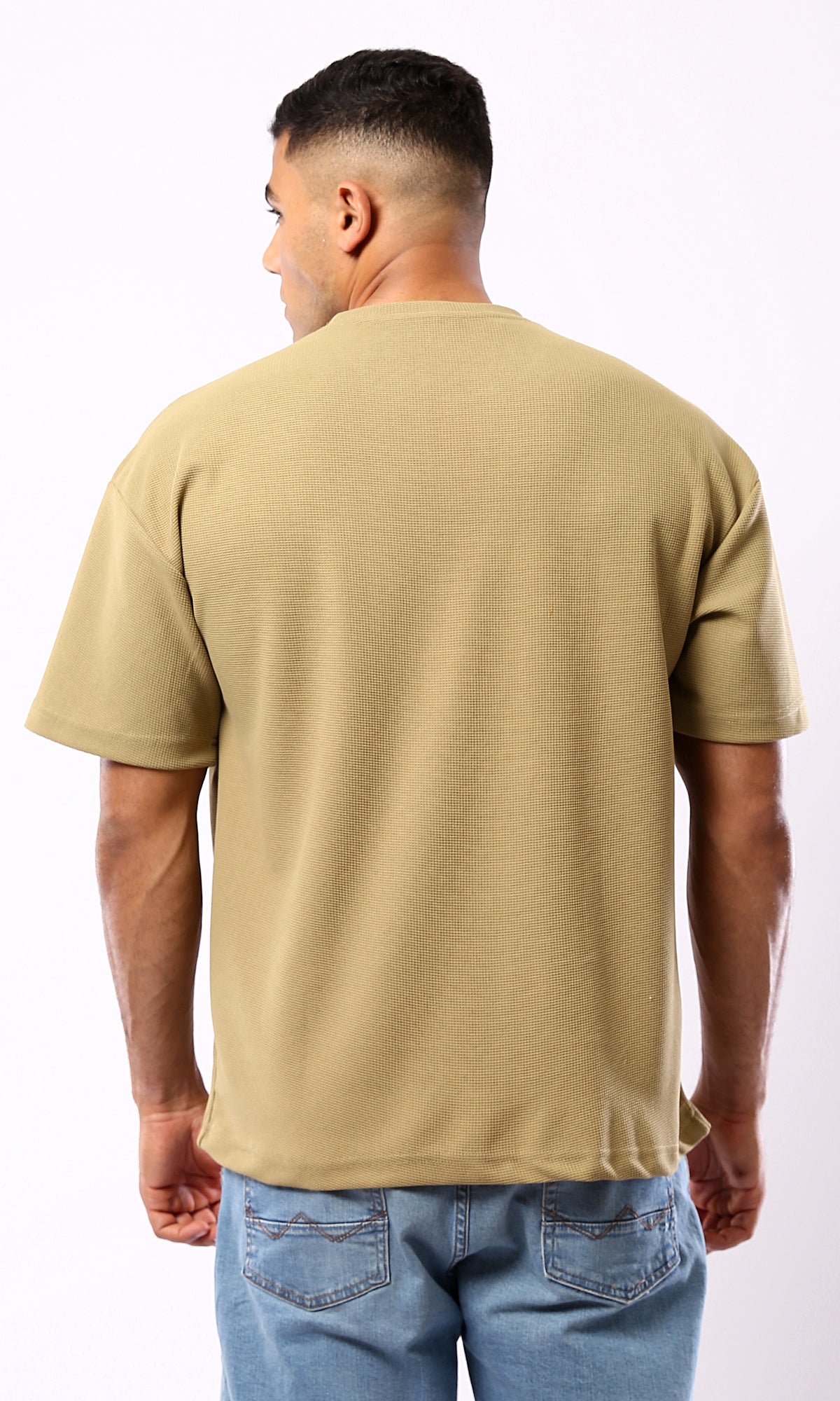 Dark Beige Relaxed Fit Polyester Tee with Self Pattern – O182740