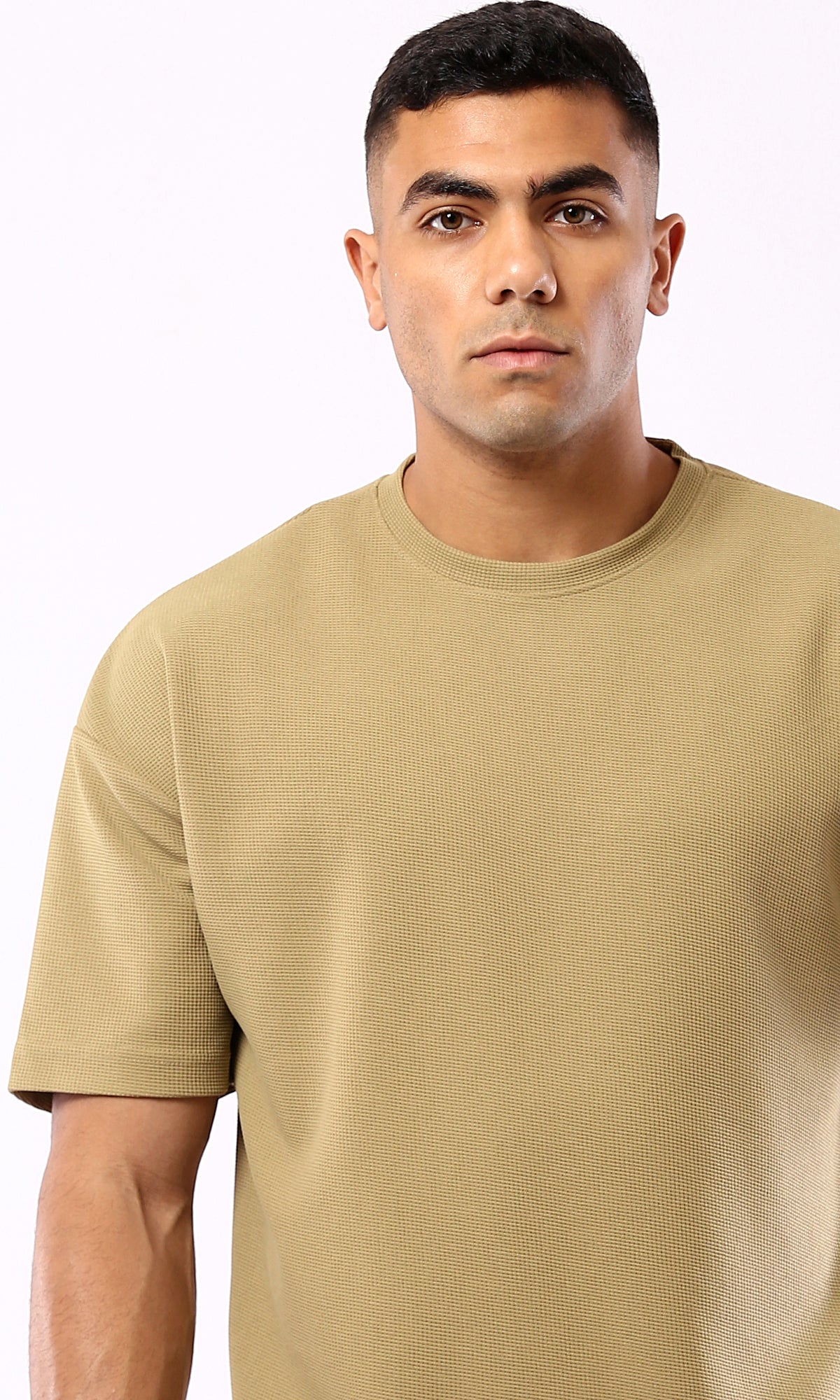 Dark Beige Relaxed Fit Polyester Tee with Self Pattern – O182740