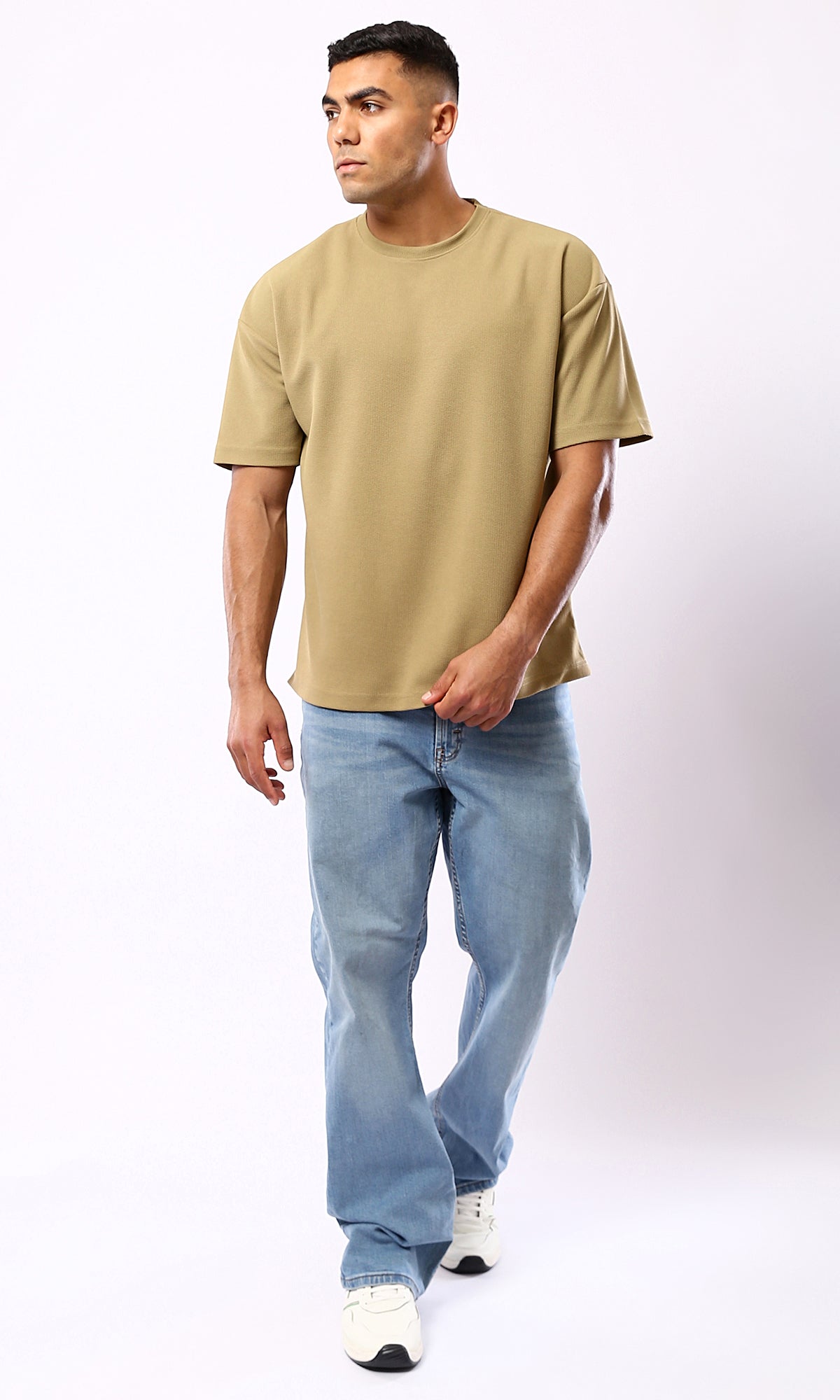 Dark Beige Relaxed Fit Polyester Tee with Self Pattern – O182740