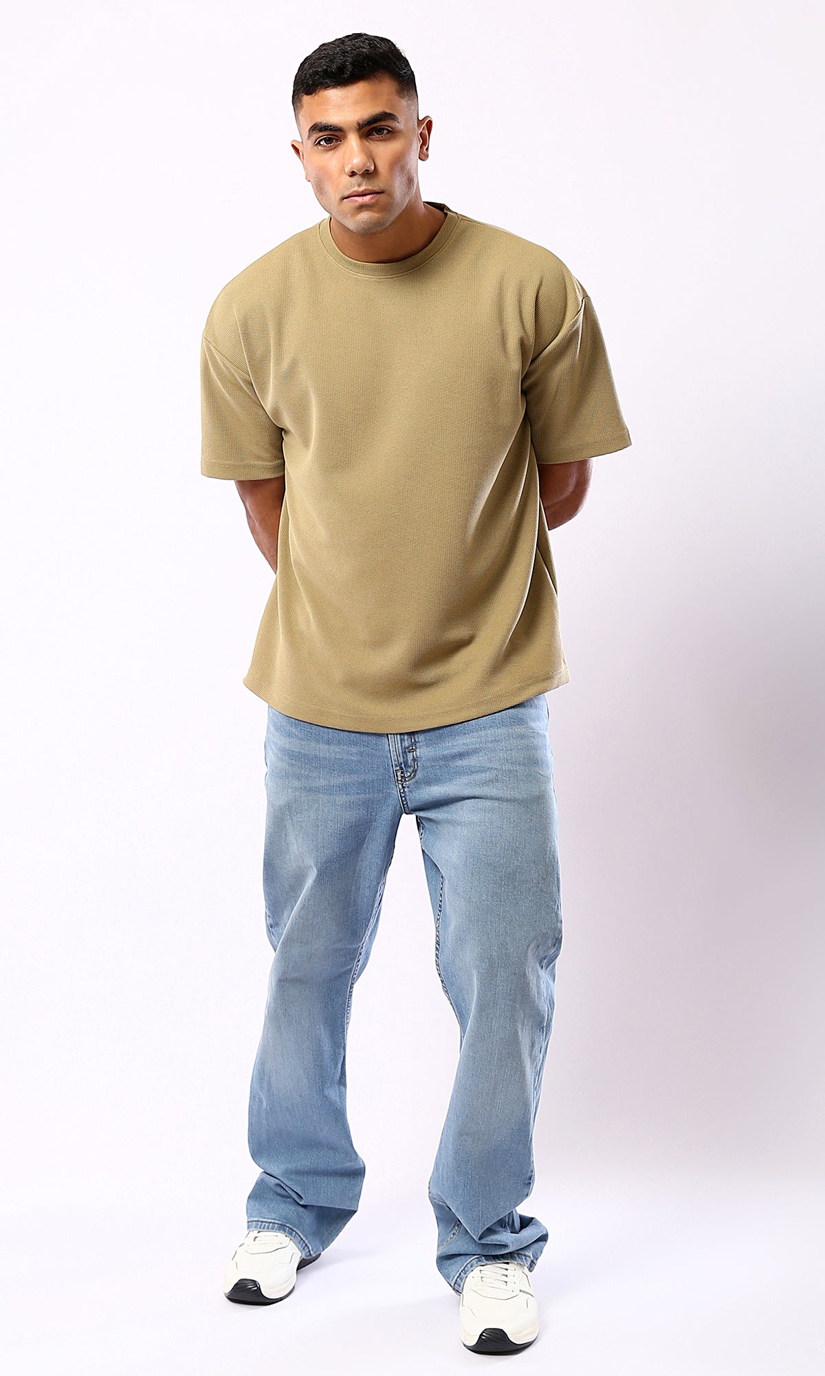 Dark Beige Relaxed Fit Polyester Tee with Self Pattern – O182740