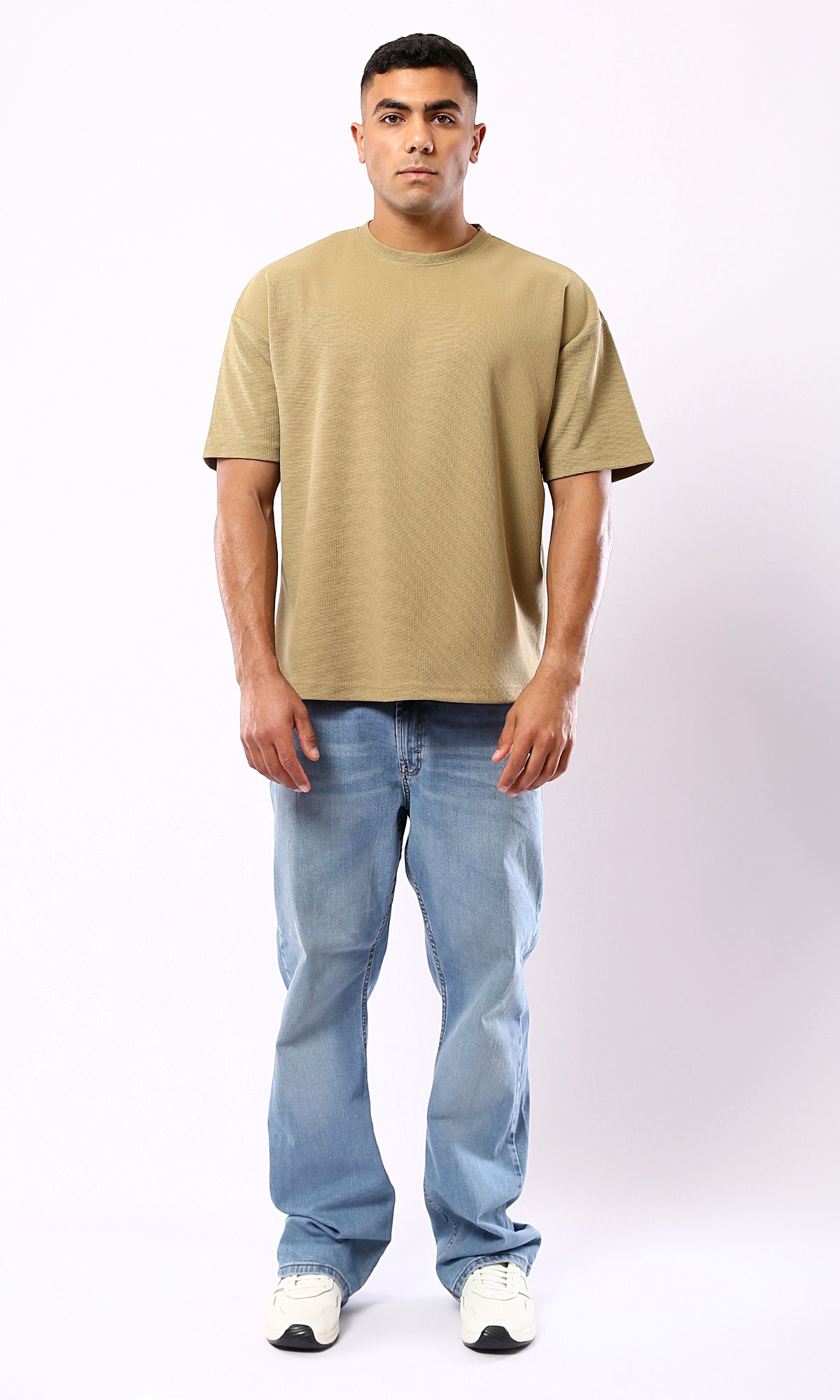 Dark Beige Relaxed Fit Polyester Tee with Self Pattern – O182740