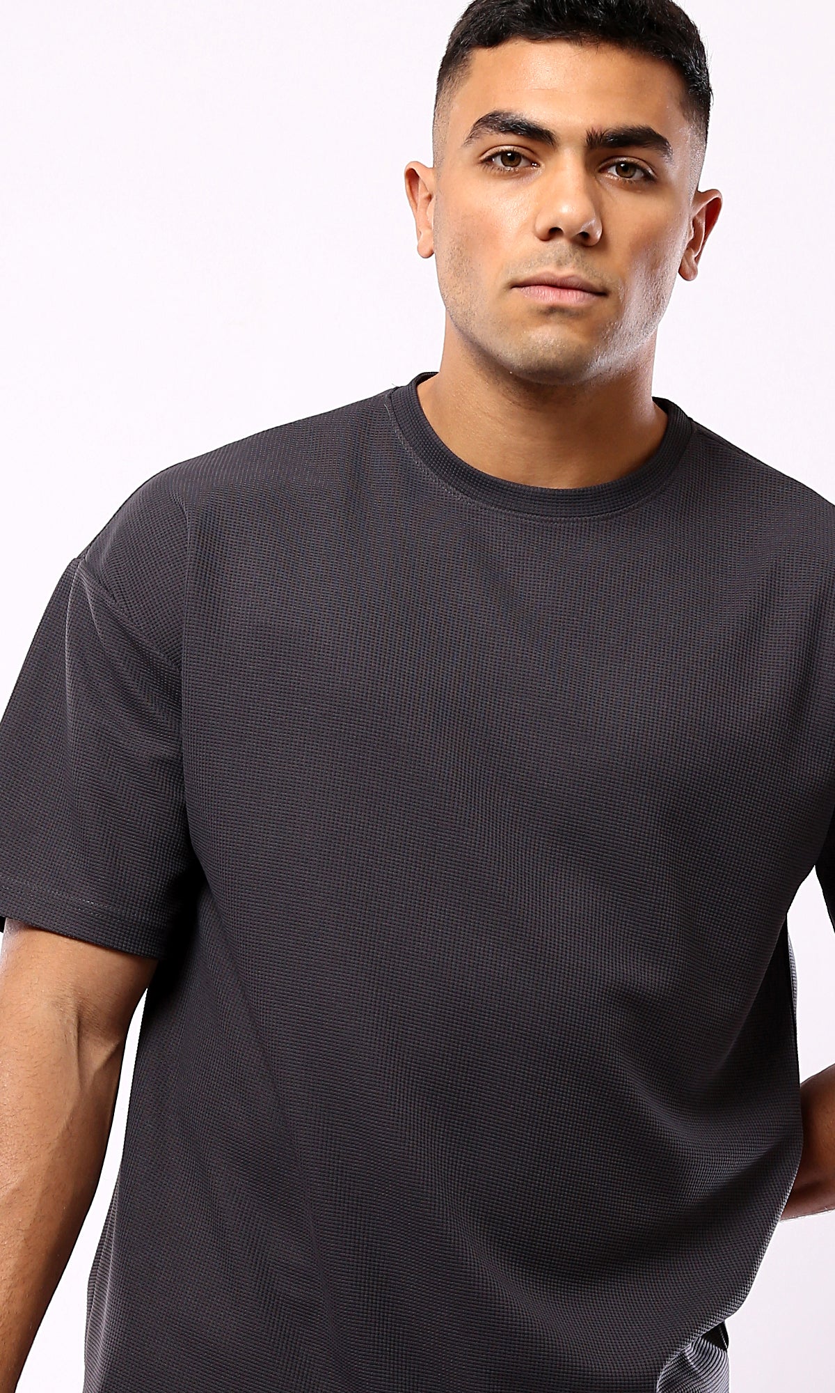 Dark Grey Round Neck T-shirt with Pattern - Shop Now