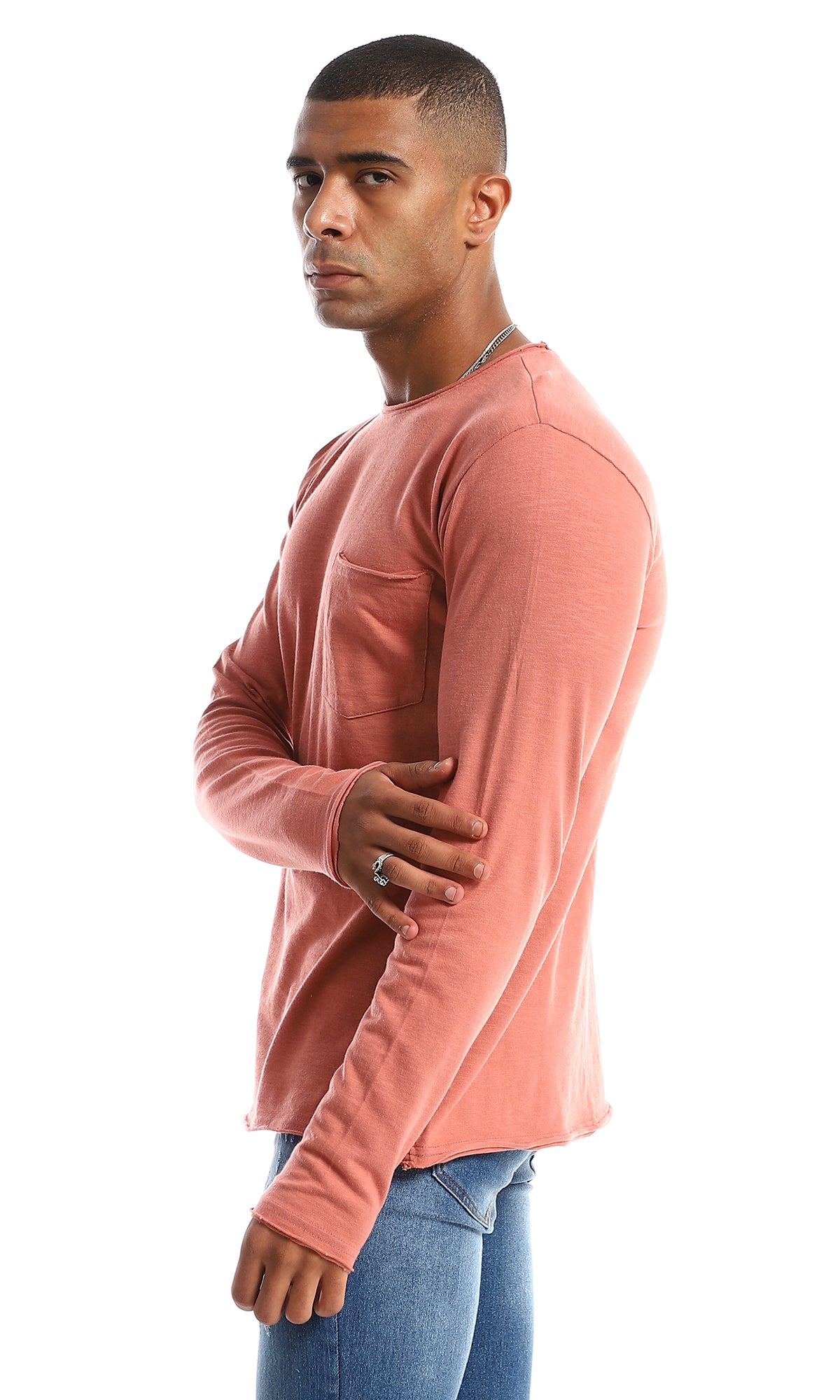 dark salmon long sleeve round neck cotton t-shirt