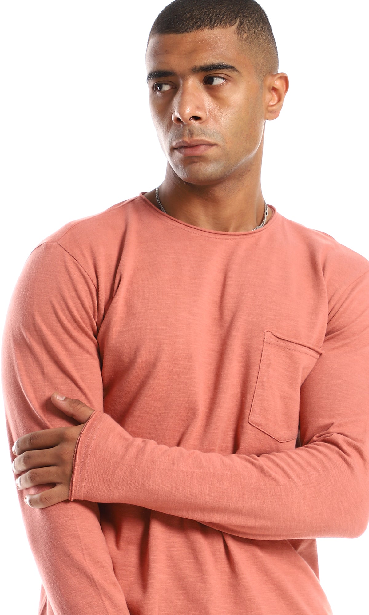 dark salmon long sleeve round neck cotton t-shirt