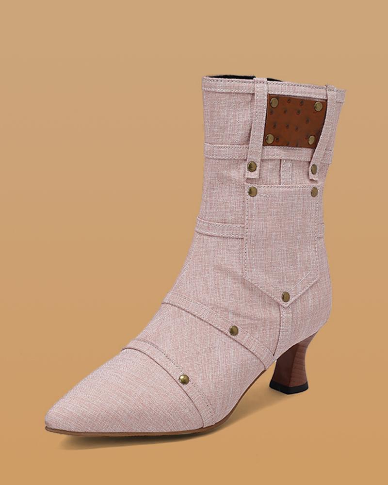 Denim Boots with Rivet and Zipper, Ankle-Length