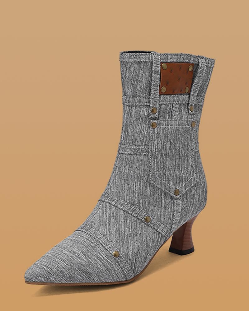 Denim Boots with Rivet and Zipper, Ankle-Length