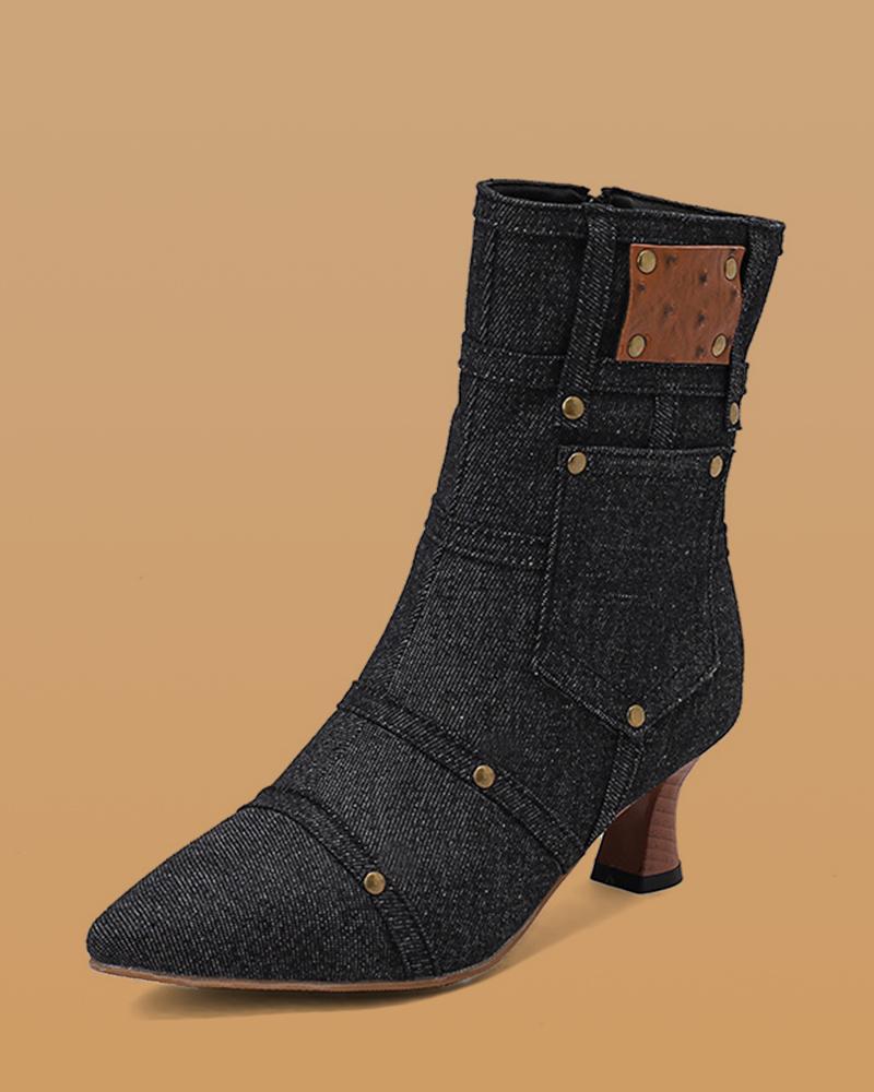 Denim Boots with Rivet and Zipper, Ankle-Length