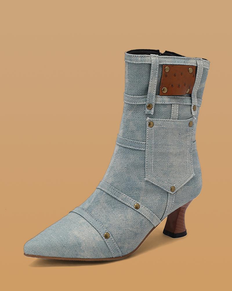 Denim Boots with Rivet and Zipper, Ankle-Length