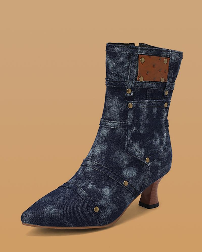 Denim Boots with Rivet and Zipper, Ankle-Length