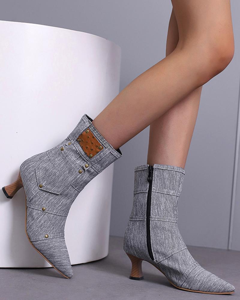 Denim Boots with Rivet and Zipper, Ankle-Length