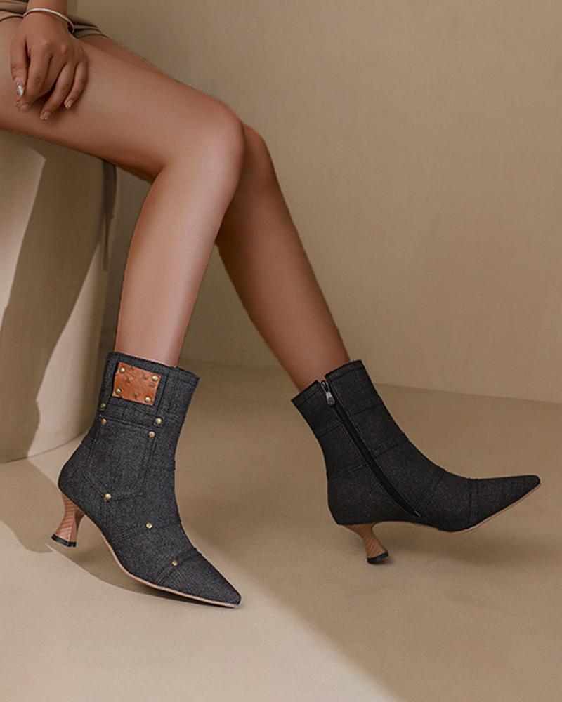 Denim Boots with Rivet and Zipper, Ankle-Length