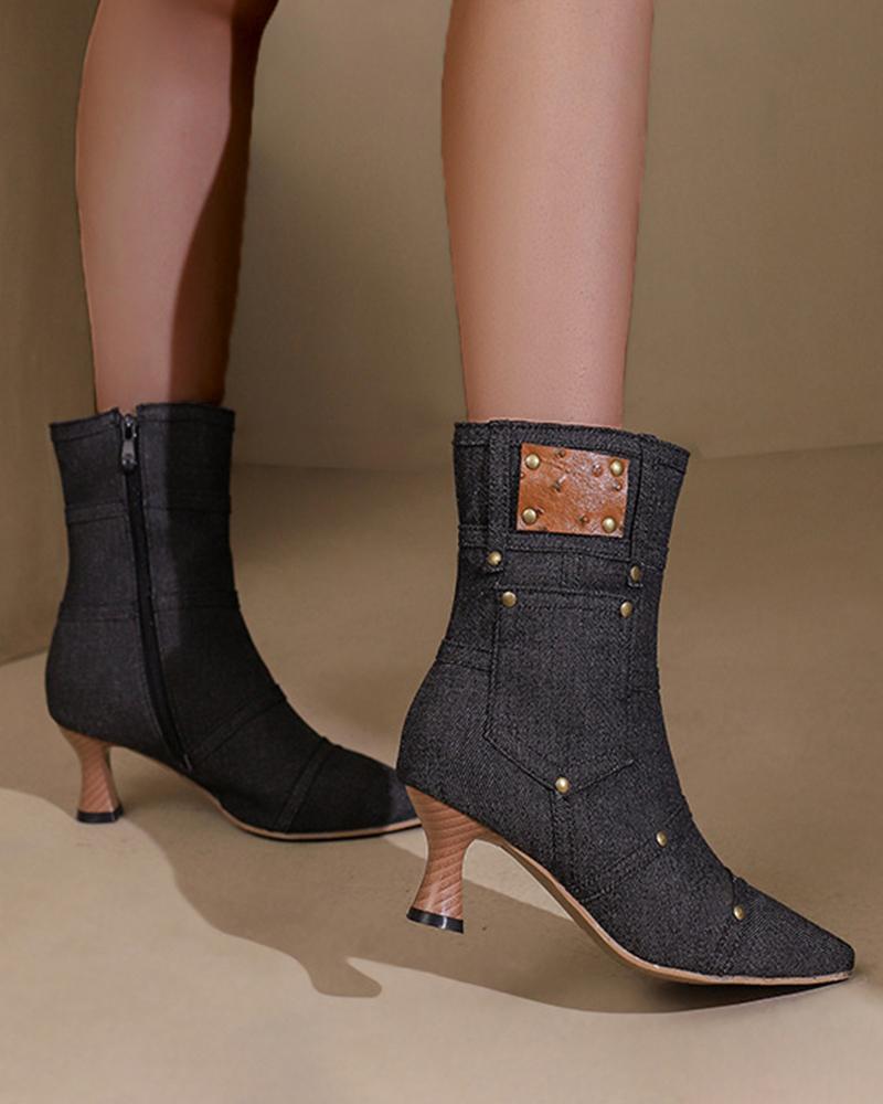 Denim Boots with Rivet and Zipper, Ankle-Length