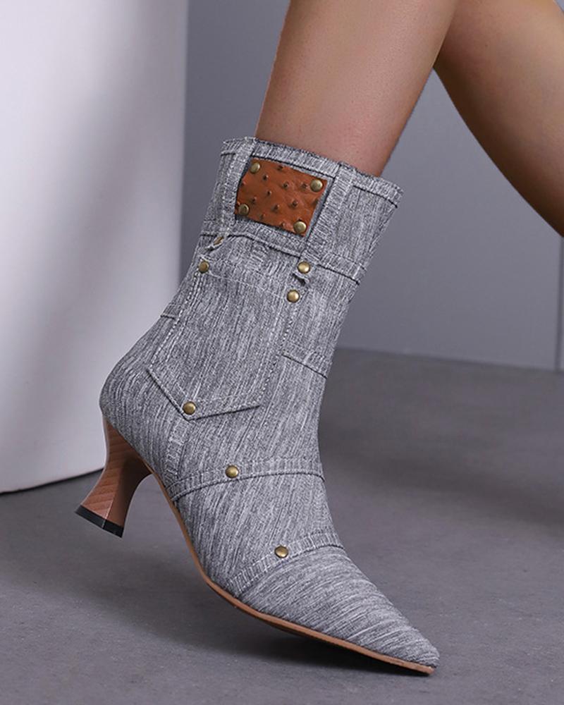 Denim Boots with Rivet and Zipper, Ankle-Length