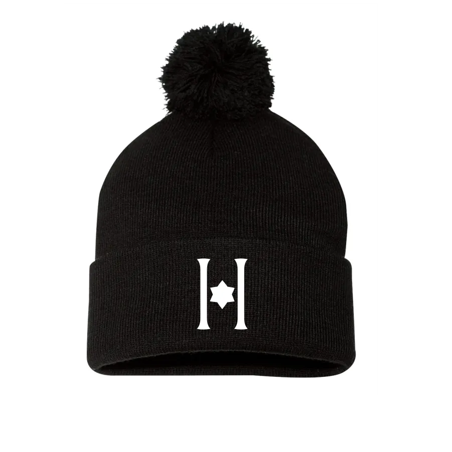 Embroidered Hillel Black Winter Pom Hat